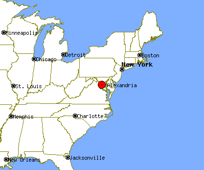 Karte, die die Ostküste Nordamerikas zeigt und Washington D.C. und den Distrikt Alexandra, Virginia, hervorhebt.